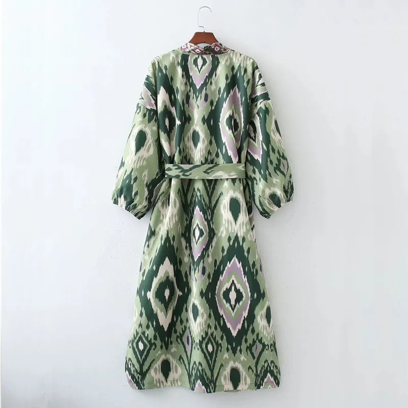 Woman Dress Green Print Midi Kimono Women Summer Belt Long Puff Sleeve Japanese Style Wrap es 210519