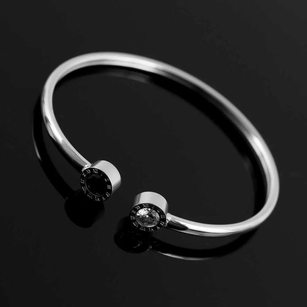 Mode verstelbare zwart / witte steentjes armbanden armbanden roestvrij staal Romeinse cijfers armband voor mannen vrouwen paar sieraden Q0719