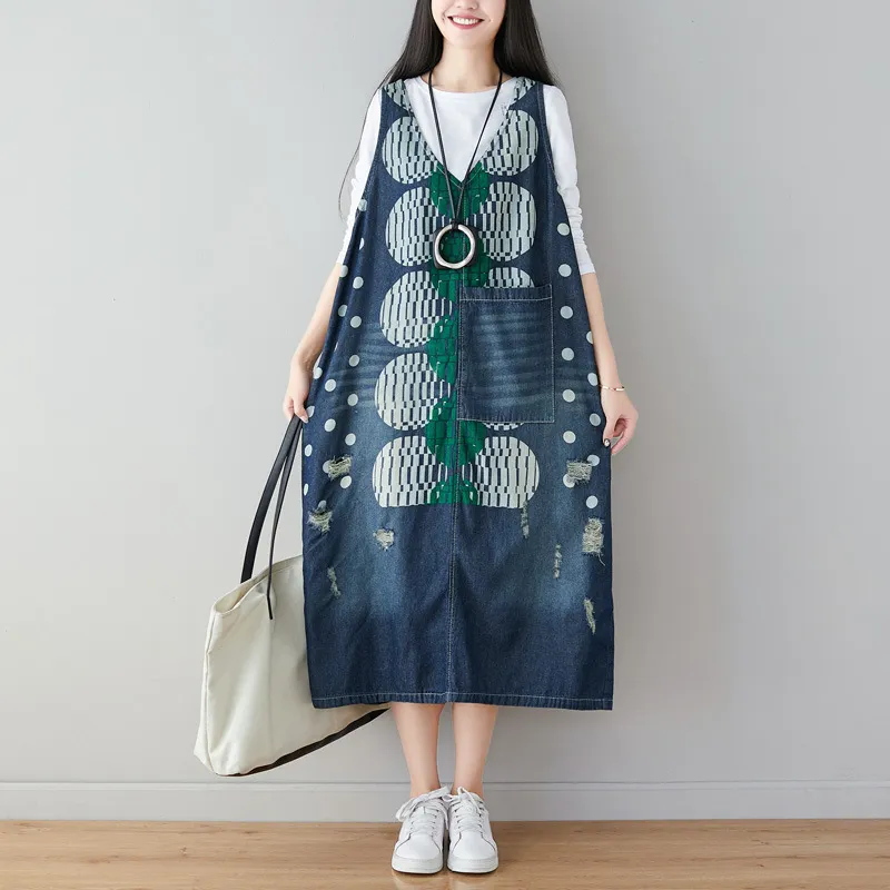 Johnature Femmes Vintage Robes Col V Sans Manches Printemps Denim Coton Imprimé Floral Japon Style Vêtements Féminins Robe Décontractée 210521