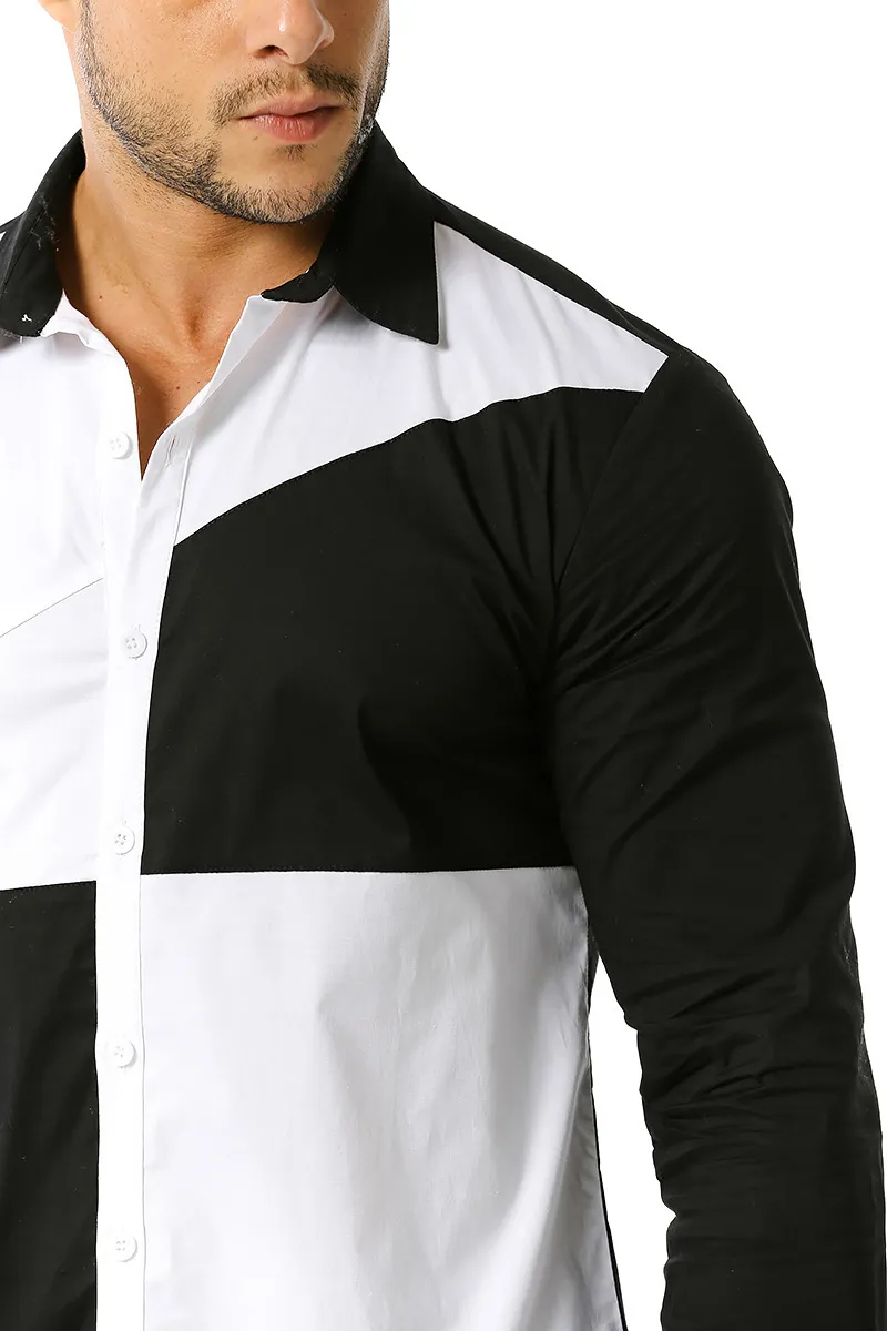ブラックホワイトコントラストシャツ男性ファッションデザインメンズヒットカラードレスシャツ長袖スリムフィットパッチウォークシュミーズHomme 2xL 210522