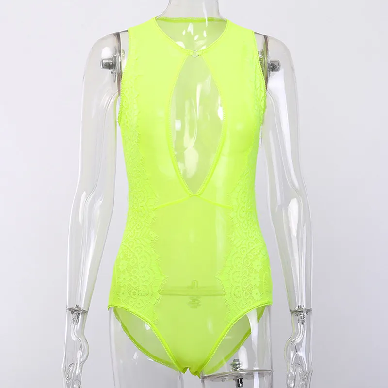 OMSJ Neon Giallo Verde Maglia Floreale Tuta Donna Pizzo Body Pagliaccetto Sexy Clubwear Hollow Bodycon Party Tuta Tute 210517