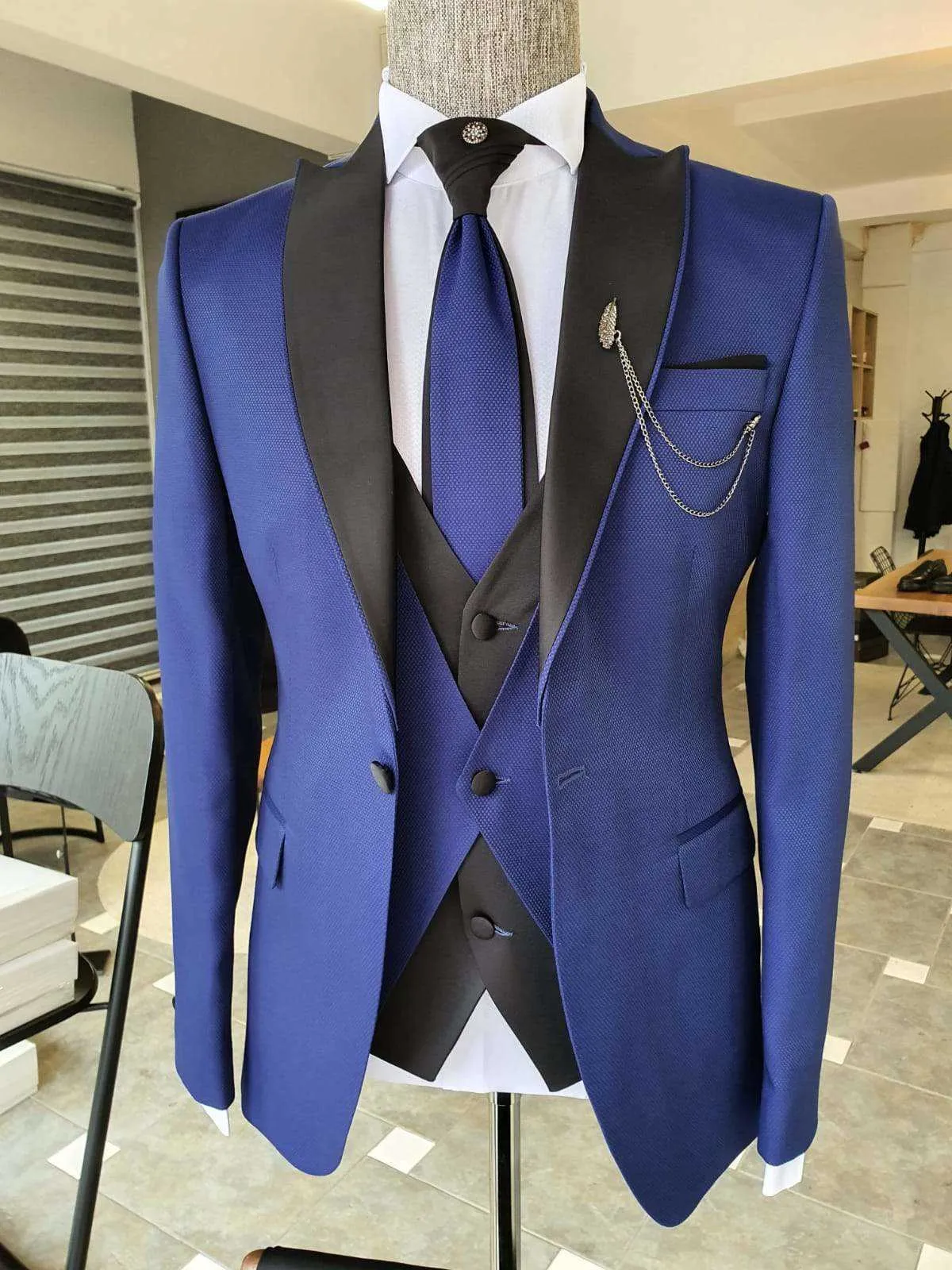 Hot Business Dark Blue Men Garnitury 3 Sztuk Wedding Slim Fit Costume Homme Groom Suitum Tuxedos Party Prom Terno Masculino Blazer X0909