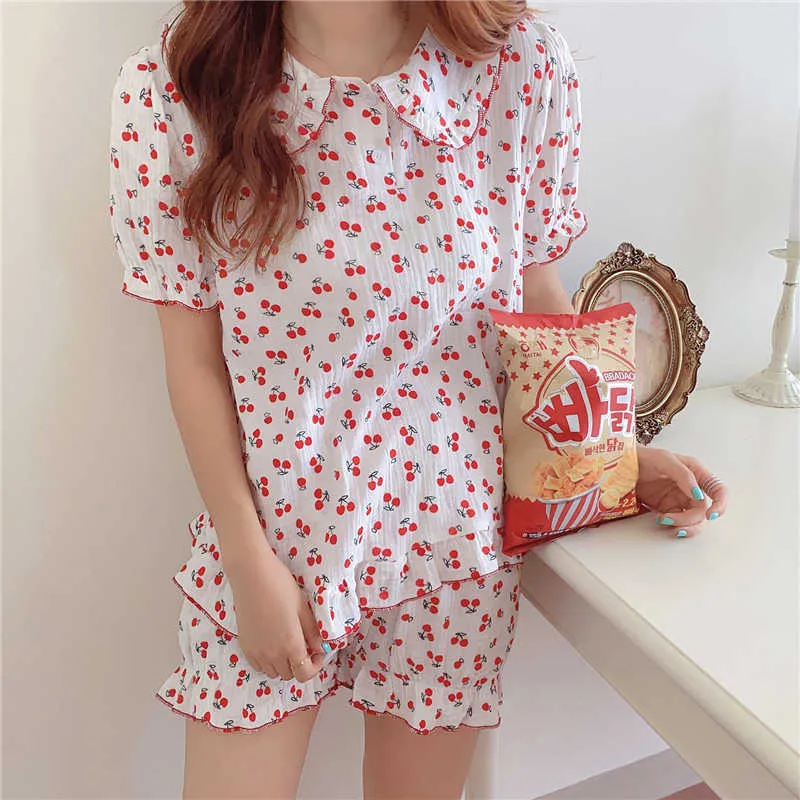 Pijama de algodão de verão Print Cherry Print Two Peça Suits elegante Sleepwear Mulheres Femme Home Chic Sets Soltos 210525