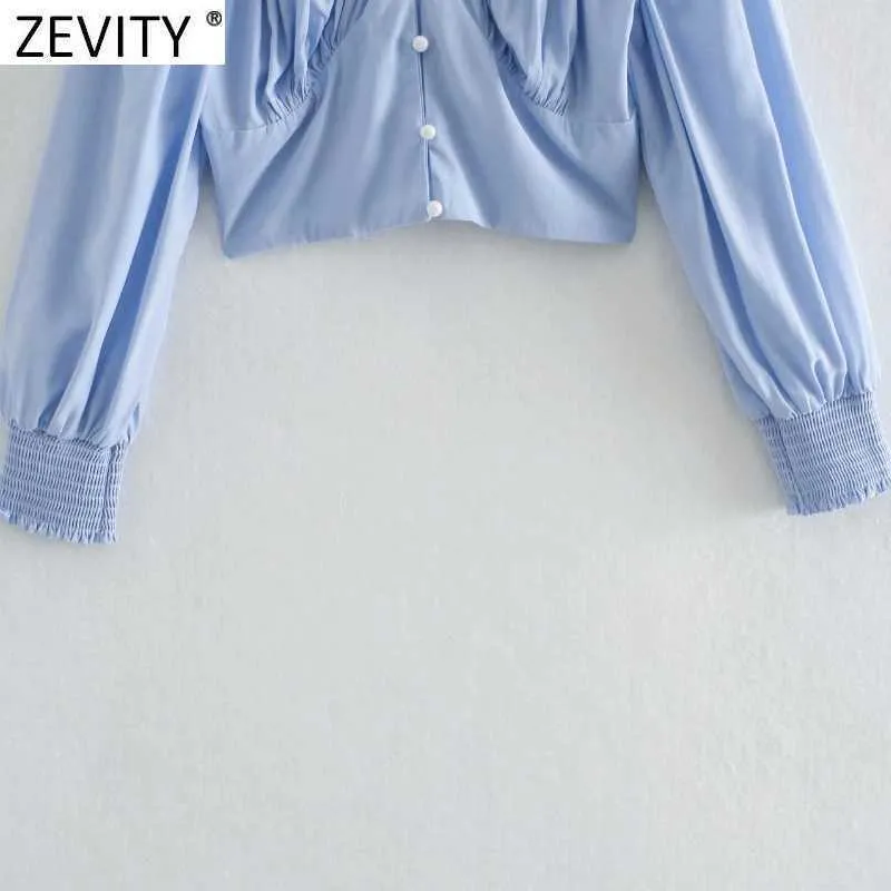 Zevenity Franse stijl vrouwen v-hals effen kleur korte shirt femme bladerdeeg mouw zoom elastische geplooide slanke blouse chic crop tops LS9347 210603