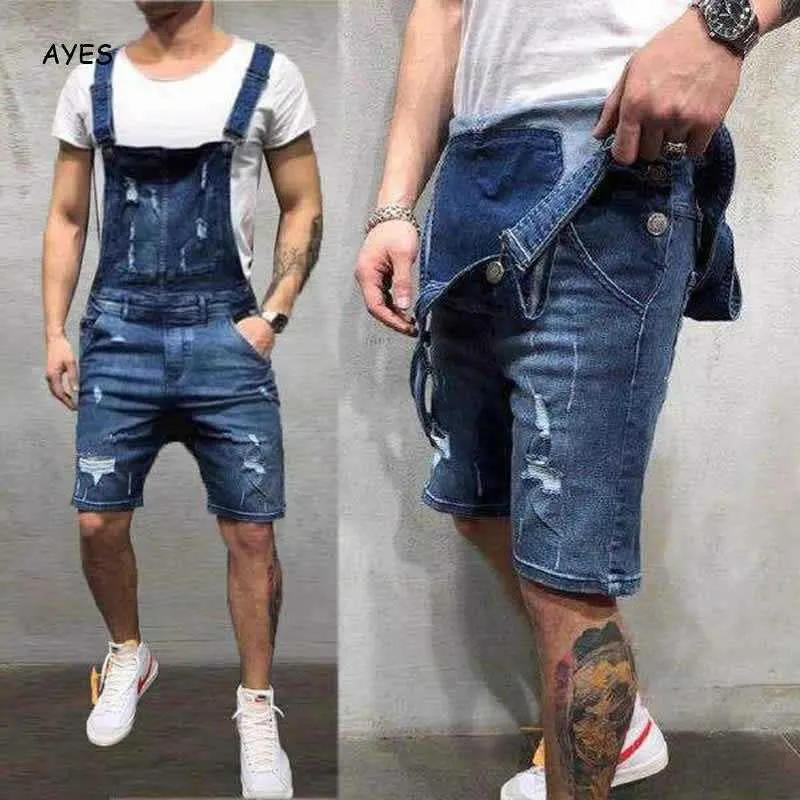 Moda Erkekler Kısa Yırtık Kot Tulumlar Şort Sıkıntılı Denim Bib Tulum Erkek Rahat Askı Pantolon Erkek 210716