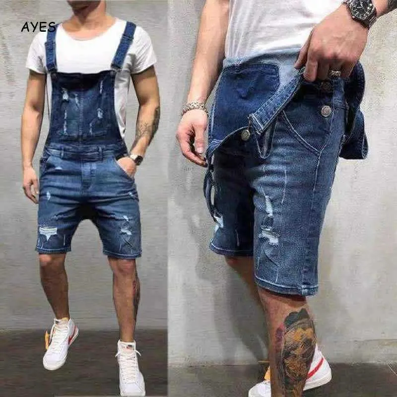 Mode Hommes Court Déchiré Jeans Combinaisons Shorts Distressed Denim Salopette Hommes Casual Jarretelles Pantalon Mâle 210716