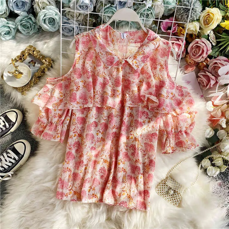 Women's Floral Chiffon Shirt Short Sleeve Tops Summer Turn-down Collar Strapless Ruffled Puff Loose Sweet ML887 210506