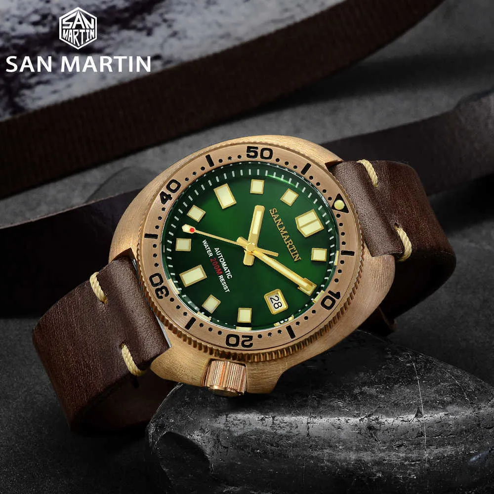 San Martin Abalone Bronz Dalgıç Saatler Erkekler Mekanik Saat Aydınlık Suya Dayanıklı 200m Deri Kayış Şık Relojes 2107282789