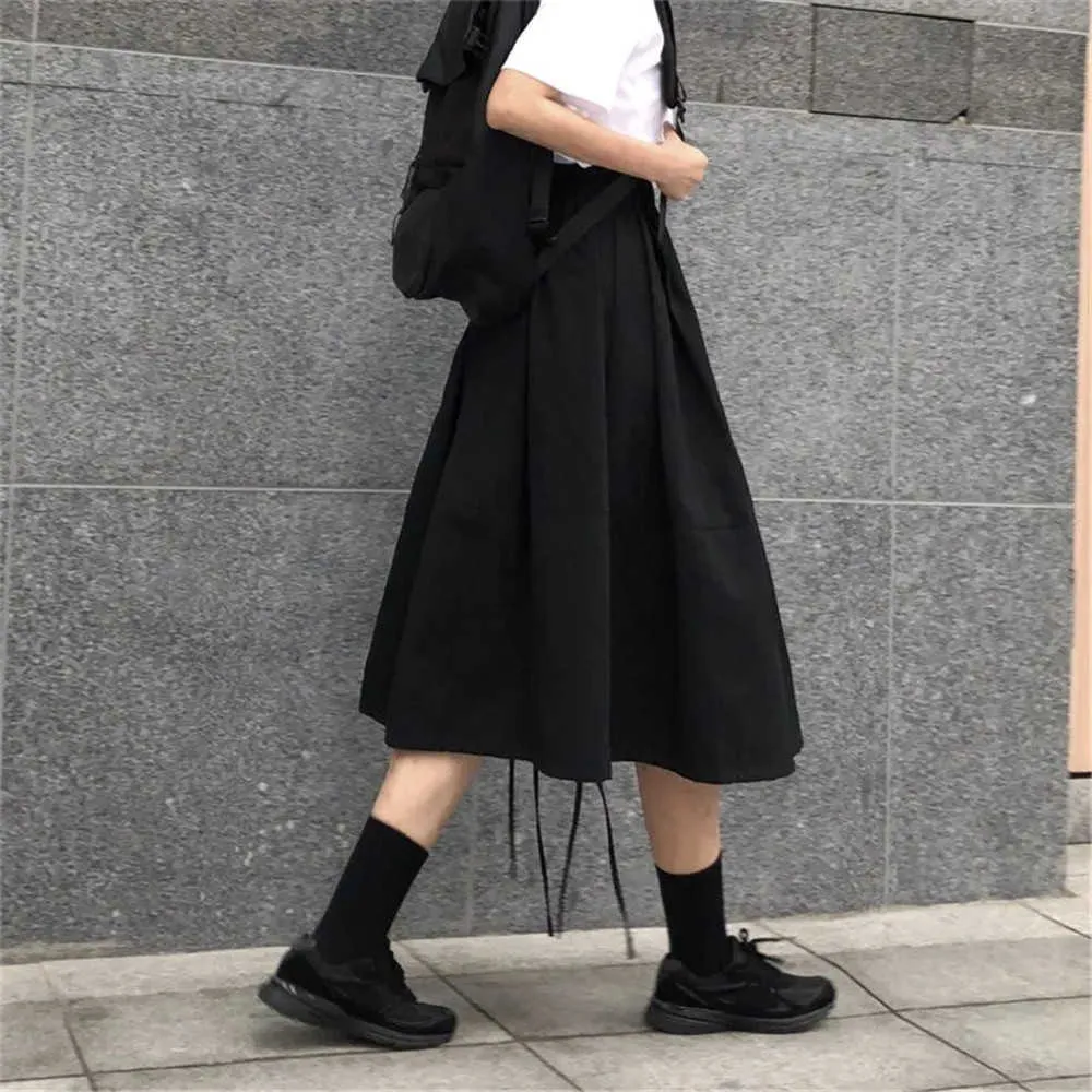 Half-Length Pleated Skirt Female White Korean High Waist Mid-Length A-Line Skirt Elastic Waist Drawstring Umbrella Long Skirt 210619