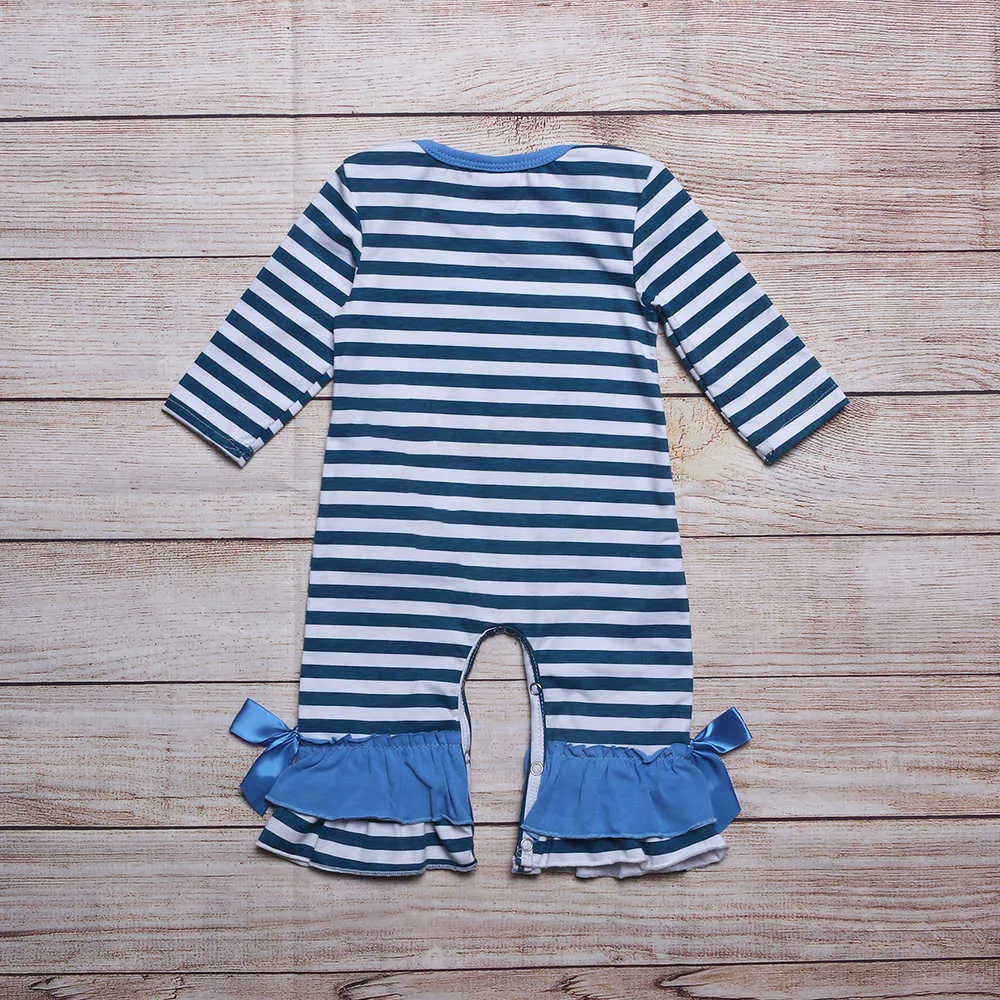 Ropa para niñas de verano Azul Rayado Manga larga Teñido alrededor del patrón de bordado de algodón blanco Arco Niño Bebé Romper 211011