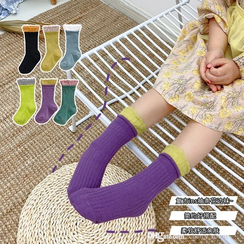 Autumn 2021 children cotton socks baby boys girls pure color big Splice lace sock cute princess tide casual hosiery D064