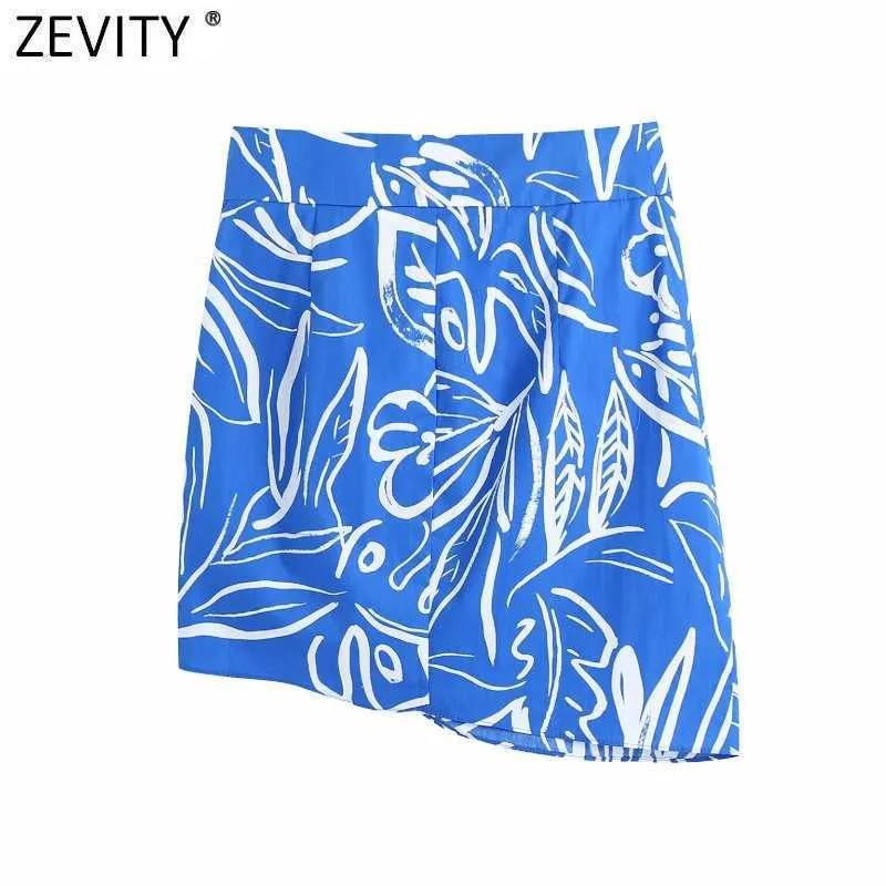 Zevity Donna Vintage Pieghe Design Stampa floreale Orlo Gonna irregolare Faldas Mujer Bottoni laterali con cerniera femminile Mini Abiti QUN791 210603