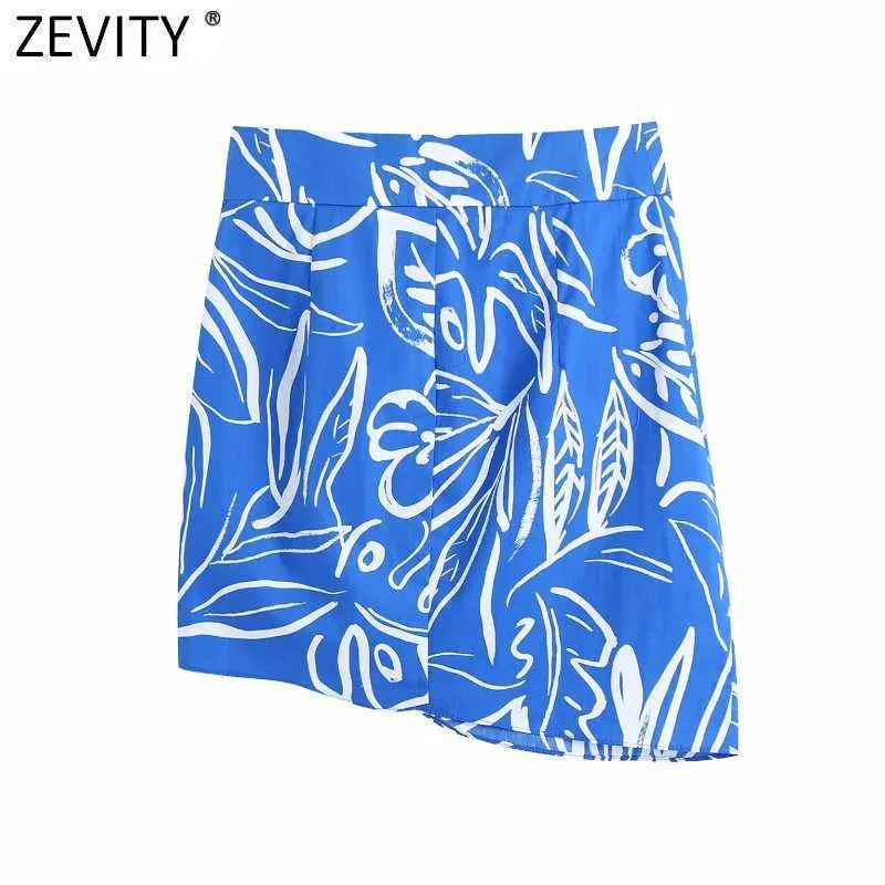 Zevity Women Vintage Pleats Design Floral Print Hem Oregelbundet Skirt Faldas Mujer Kvinna Sida Zipper Knappar Mini Vestidos QUN791 210603