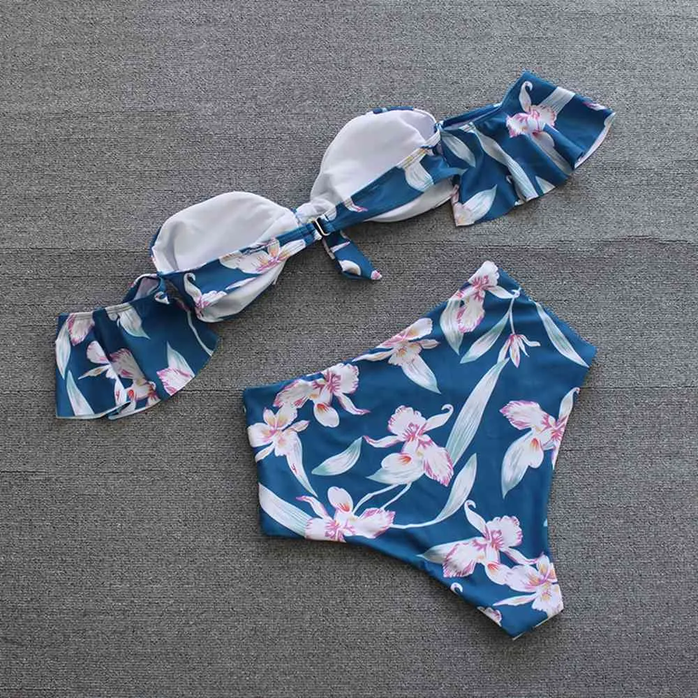 Bikini sexy con spalle scoperte Bikini donna taglie forti Costumi da bagno a vita alta Costumi da bagno stampati floreali Costumi da spiaggia estivi 210521