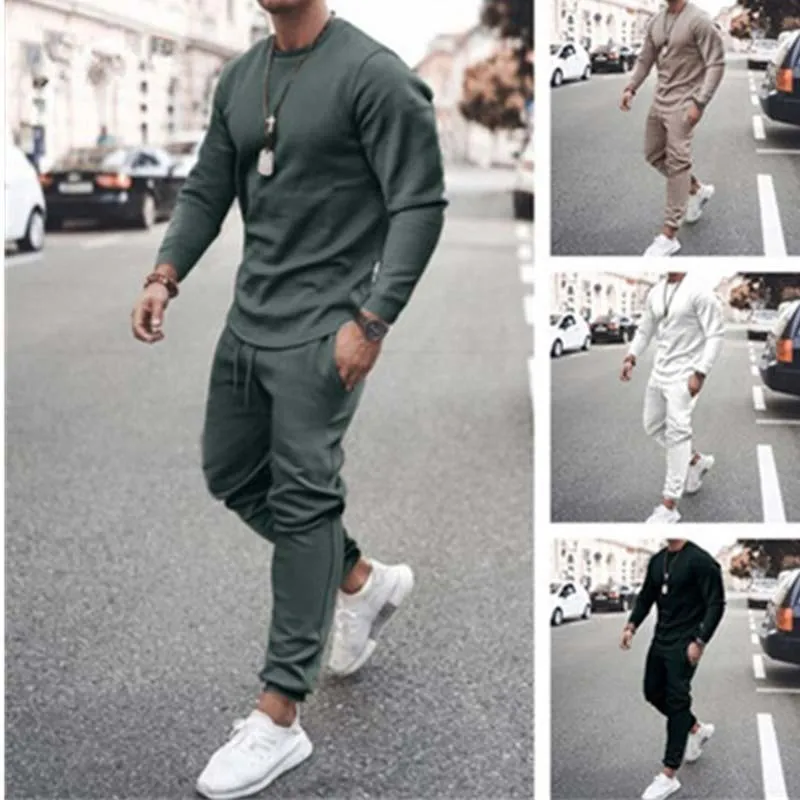 Outono conjunto de roupas esportivas masculinas moda sólida treino ternos esportivos masculino sweatsuit mangas compridas camiseta + calças 2 peças conjuntos 220215