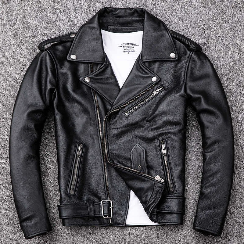 Frühlings-klassische Motorrad-schräge Reißverschluss-Jacken-Mann-Lederjacke-natürliche Kalbsleder-starke dünne Rindsleder-Moto-Jacke Mann 211008