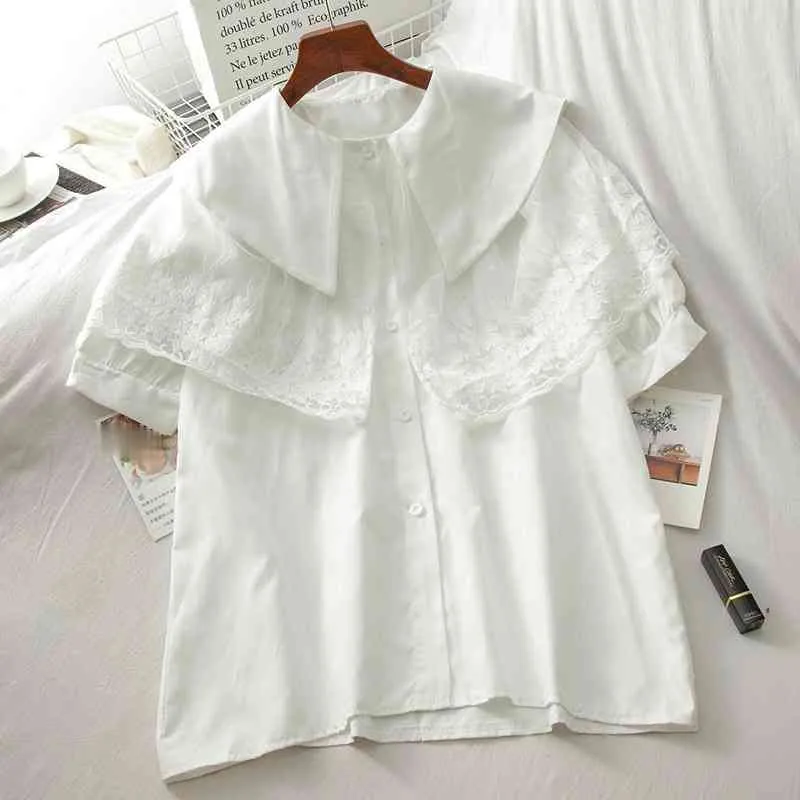 Kimutomo Cute Lace Patchwork Blouse Women Peter Pan Collar Single Breasted Short Sleeve Shirt Korean Style Summer 210521