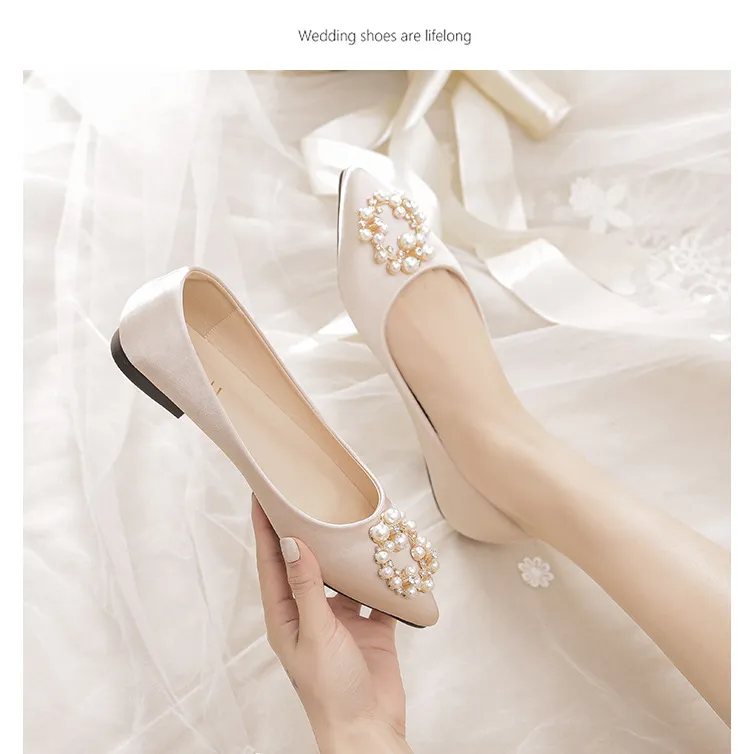 Champagne Satin Pointed Flat Women Shoes Pearls Circle Buckle Diamond Sexy Wedding Bridal Bradesmaid Prom for Lady Shoes2363
