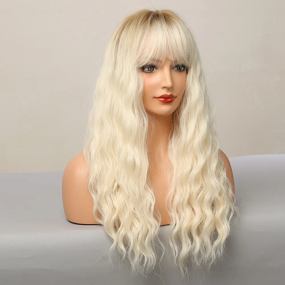 Lange blonde Platin-Perücke mit Pony, lockiges Haar, synthetische Perücken für Frauen, hellblonde, gewellte Perücken, Cosplay, hitzebeständig