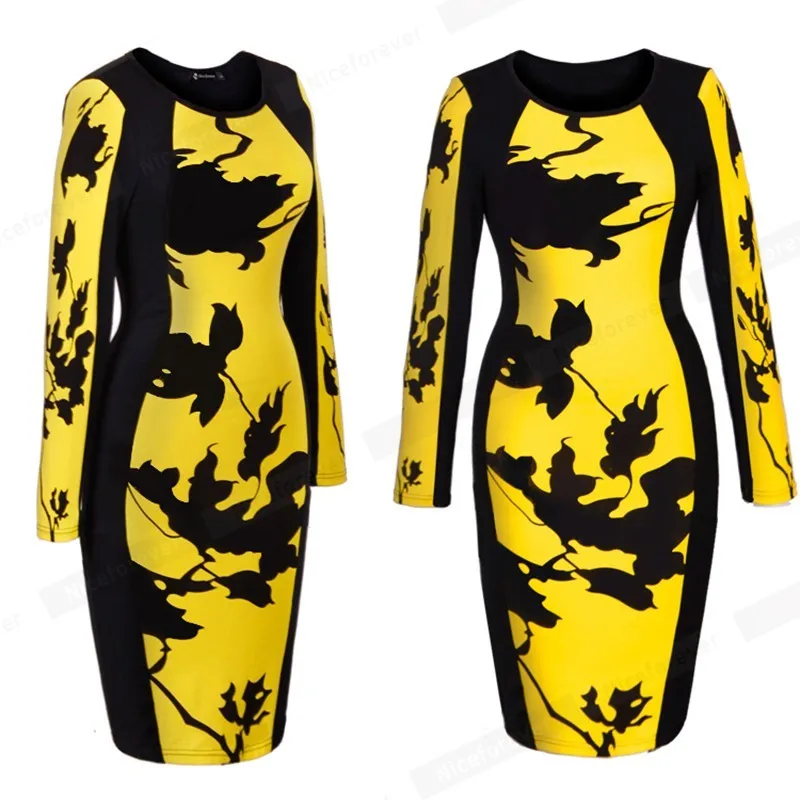 Nice-Forever Autumn Women Fashion Contrast Färg Patchwork Dresses Party Bodycon Fitted Slim Dress 346 210419
