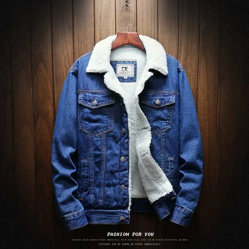 Winter Retro Men Light Blue Winter Jean Jackets Outerwear Warm Denim Coats Men Large Size Fleece Padded Jacket Top 211029