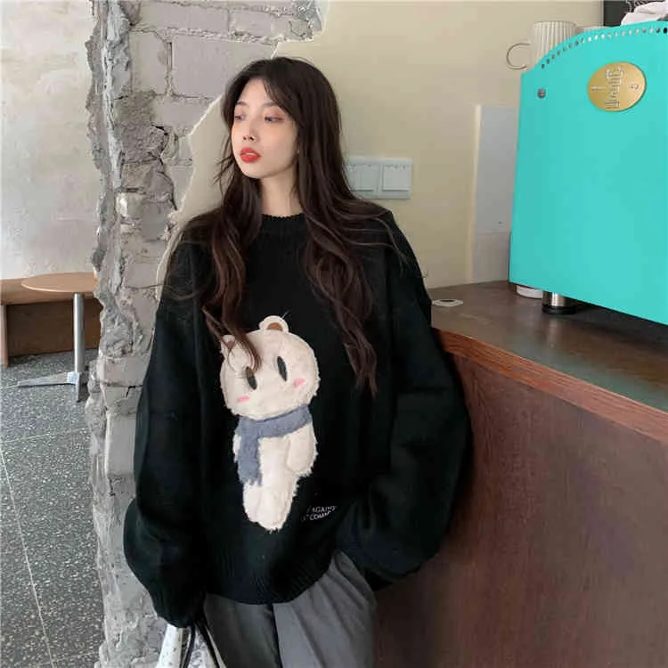 H.SA Women Oversized Cute and Pullovers Cartoon Bear Sweaters Casual Pull Jumpers White Sweater Tops sueter Mujer 210417