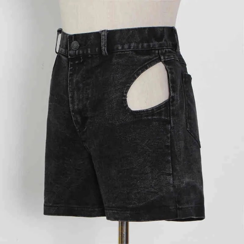 Schwarz Vintage Denim Kurze Für Frauen Hohe Taille Aushöhlen Casual Shorts Weibliche Streetwear Sommer Mode Stil 210521