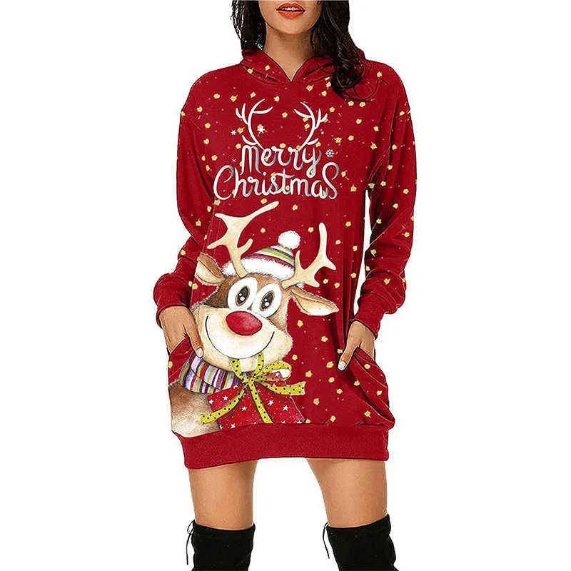 Femmes Casual À Manches Longues Hoodies Pull Robe Nouvelle Dame Robe De Soirée Pour La Mode De Noël Santa Claus Elk Impression Robe À Capuche Y1204