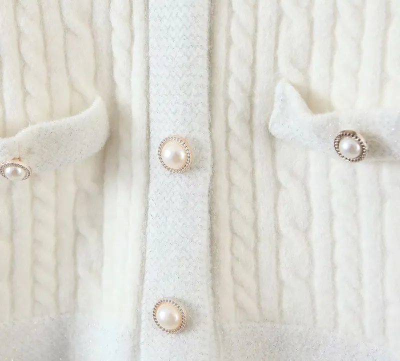 Elegant Women Pearl Button Sweater Fashion Ladies Pocket Knitted Cardigan Sweet Female Streetwear O-Neck Loose Blouse 210427