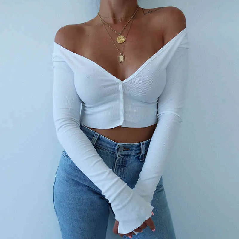 Women Long Sleeve Crop Tops Sexy Deep V Neck Basic Solid Black White Lady Casual Tshirt Sexy Off Shoulder T Shirts Summer Autumn Y0508