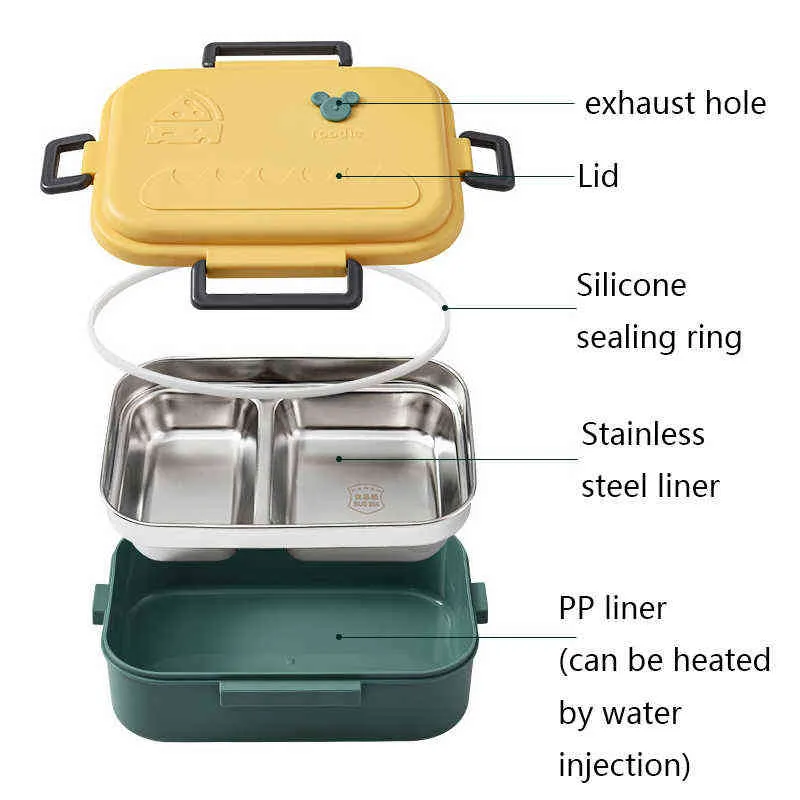 LunchBox in acciaio inossidabile Bento Box bambini Impiegato 2 scomparti Microwae Riscaldamento Lunch Container Contenitore alimenti 211108