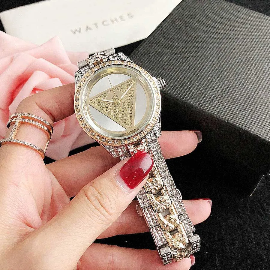 Märke Watches Women Lady Girl Diamond Crystal Triangle Question Mark Style Metal Steel Band Quartz Wrist Watch GS 438777611