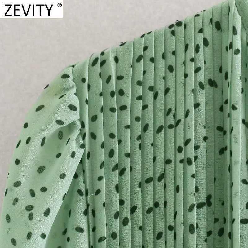 Zevity Women Vintage V Neck Dots Print Sashes Pleated Midi Dress Femme Chic Puff Sleeve Casual Slim Summer A Line Vestido DS8141 210603