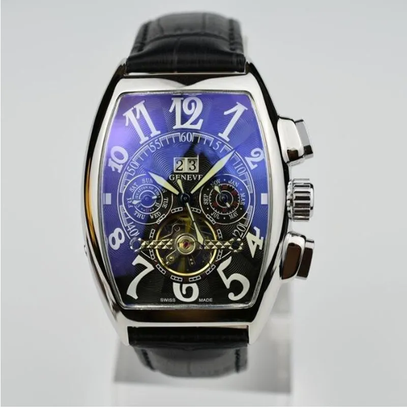 2021 Geneva luxury leather band tourbillon mechanical men watch drop day date skeleton automatic men watches gifts203M