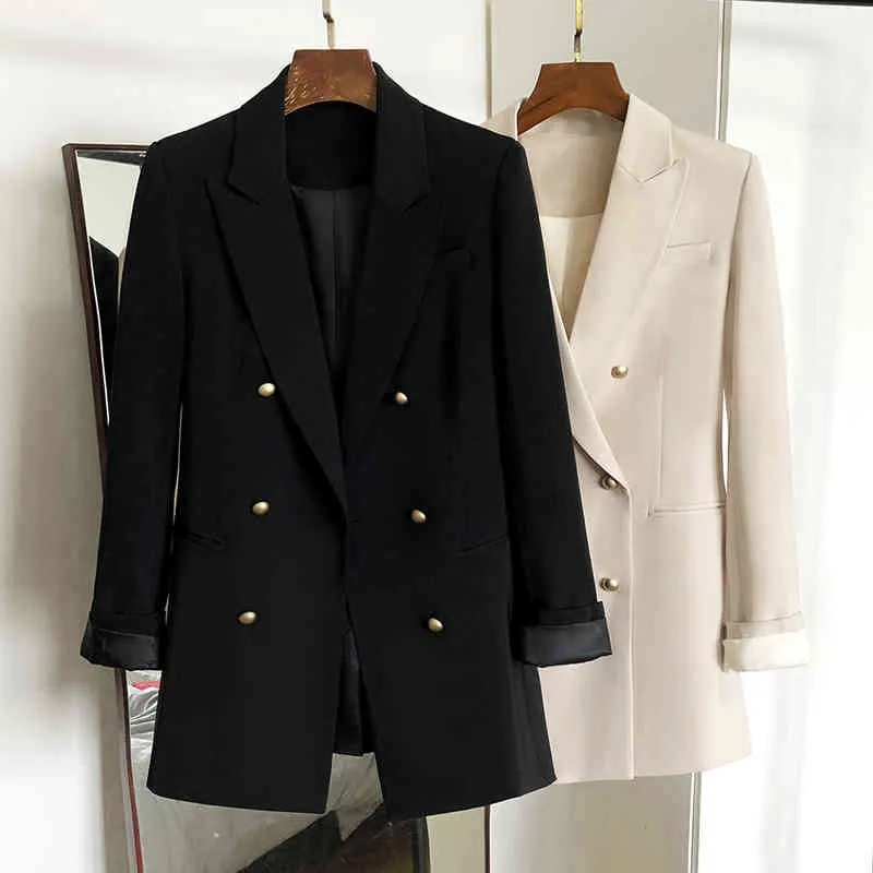 Spring Autumn Office Ladies Notched Collar Double Breasted Blazer Vintage Women Long Sleeve Solid 210423