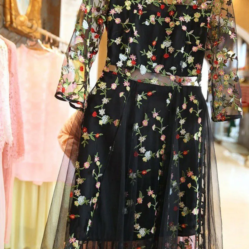 ETOSELL Boho Vintage Floral Bordado Encaje Malla Vestidos Moda Runway Vestido Casual Ver a través de Vestidos X0521