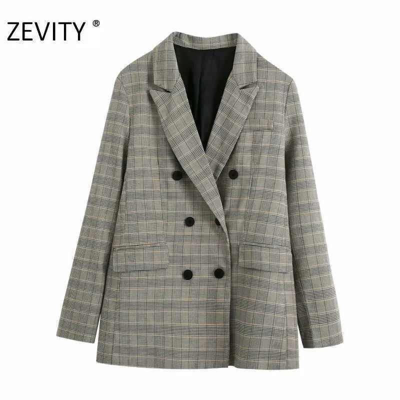 Zeefity vrouwen chique geruite afdrukken vrije tijd blazer jas dames lange mouw dubbele breasted casual slanke uitloper pakken tops CT585 210603