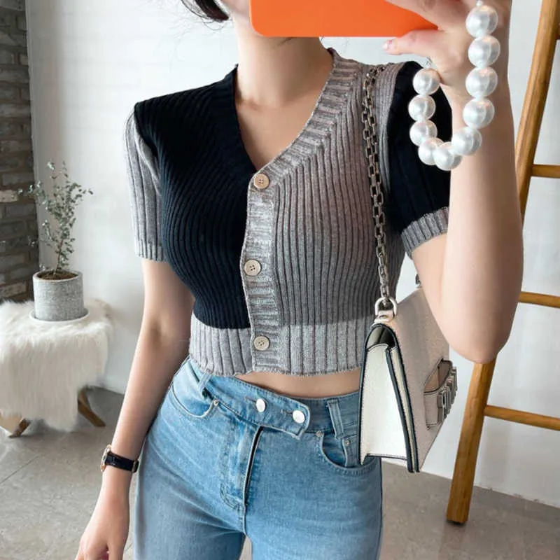 Korejpaa Women Sweater Summer Korean Chic Female Retro V-Neck Contrast Stitching Slimming Three-Button Knitted Cardigans 210526