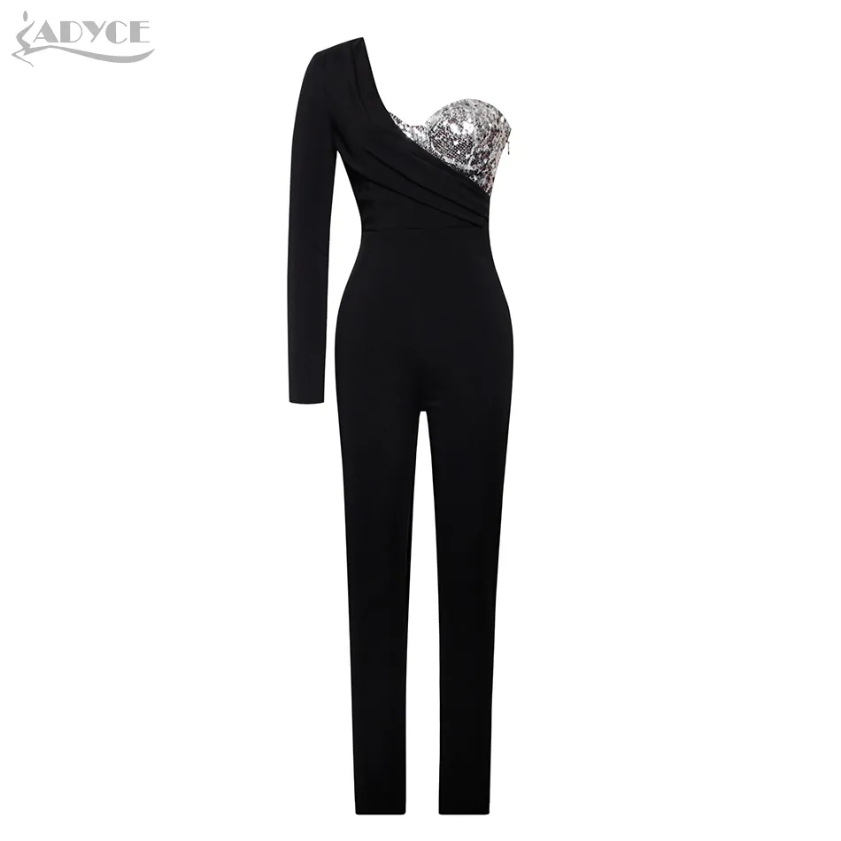 Winter Women Black Sequins Maxi Jumpsuits Sexy One Shoulder Long Sleeve& Full Pants Club Bodysuit Rompers Jumpsuit 210423