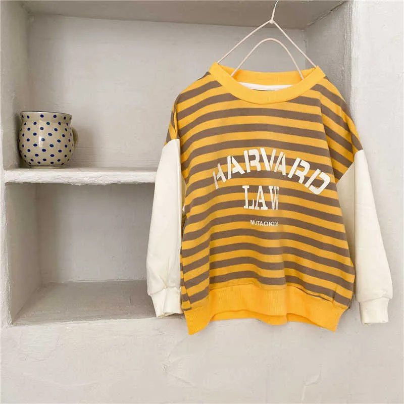 Spring Fashion Children Striped Letter Print Sweatshirts Boys And Girls Patchwork Long Sleeve Loose Tops Clothing 210615
