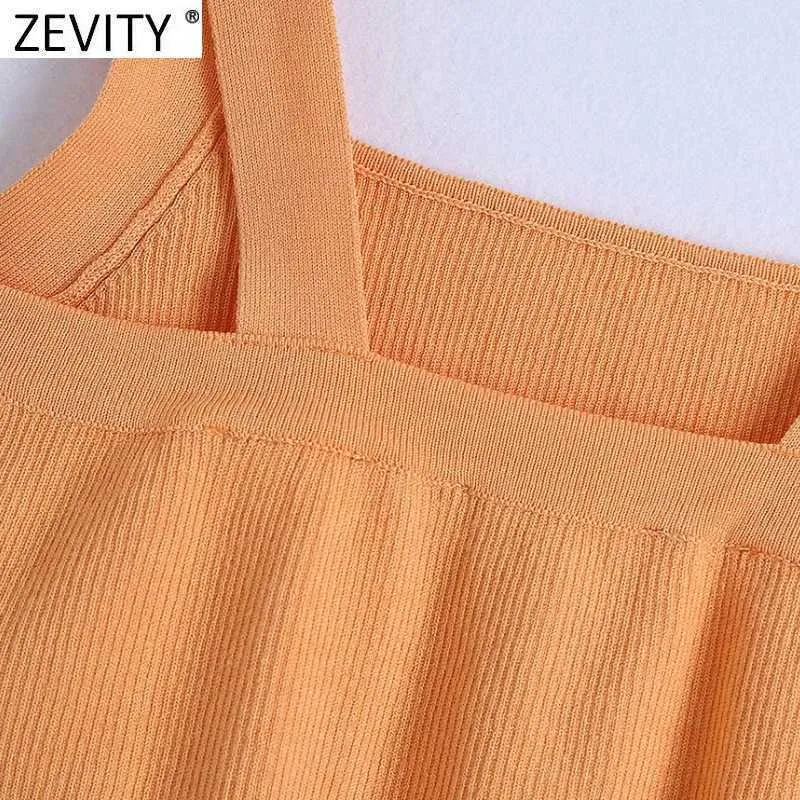 Zevity Donna Spaghetti Strap Colore arancione Chic Camis Canotta Lady Summer Back Lower Knitting Short Sling Vest Crop Top LS9177 210603