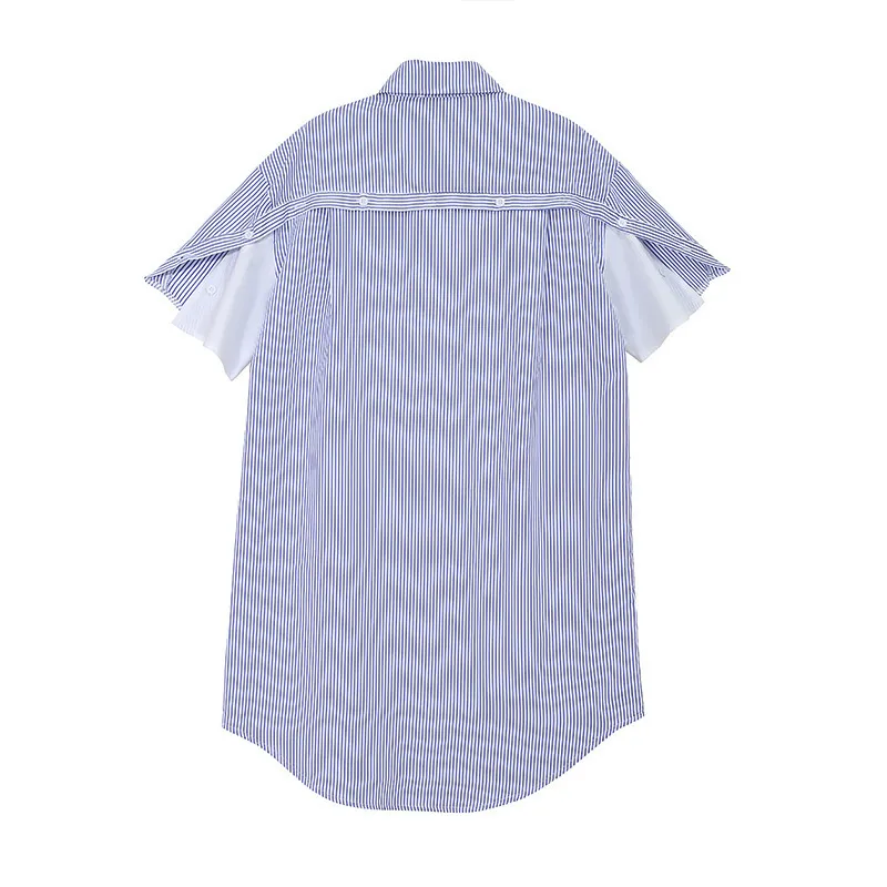 [EAM] Women Contrast Color Striped Sashes Shirt Dress Lapel Short Sleeve Loose Fit Fashion Spring Summer 1DD8561 21512