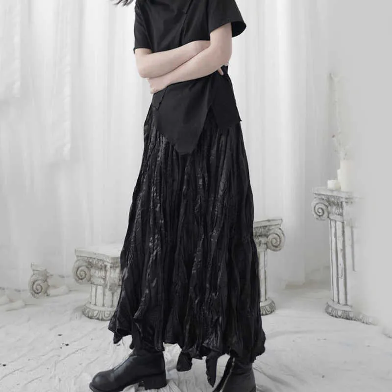 [EAM] Wysoka elastyczna talia czarny plisowany nieregularny długi temperament pół-ciała spódnica kobiety moda wiosna jesień 1U965 210621
