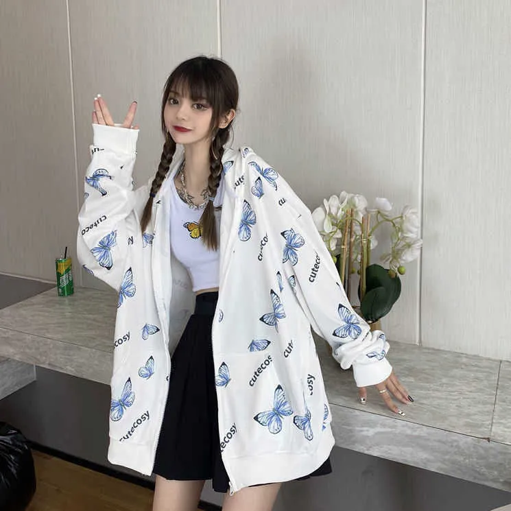 Sudadera con capucha de mariposa Harajuku de verano con cremallera para mujer, sudadera de primavera de gran tamaño, prendas de vestir exteriores de talla grande 210909