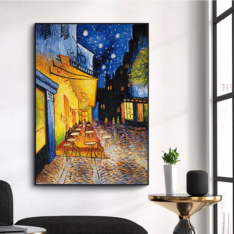 Van Gogh berühmtes Ölgemälde, Druck, Poster, Café-Terrasse bei Nacht, Reproduktion, Leinwand, Wandkunst, Bilder für Wohnzimmer-Dekoration