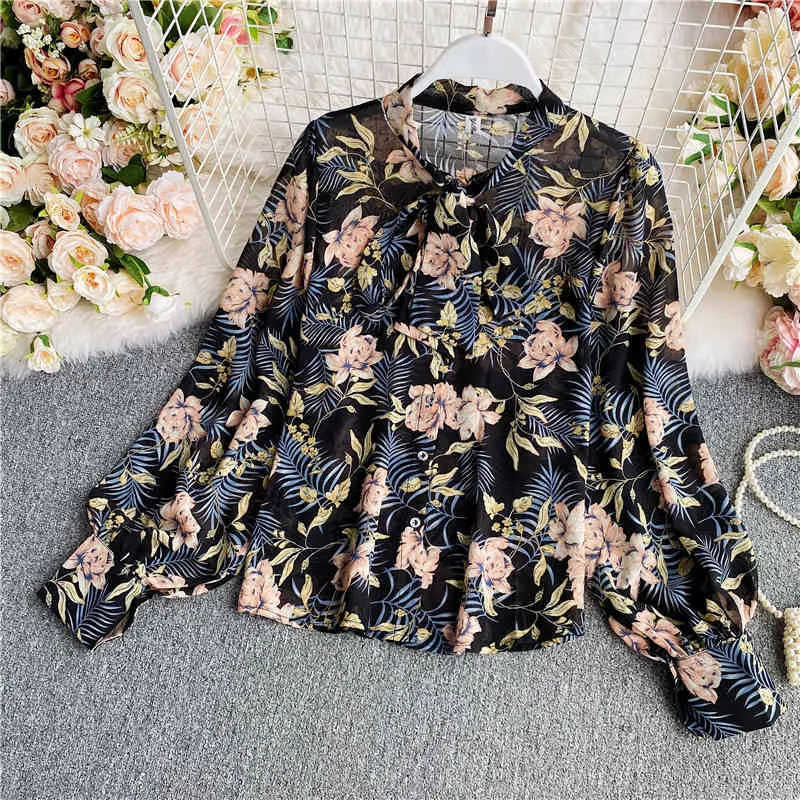 Women Early Autumn Shirt Long-sleeved Design Loose Japan Korean Style Printed Bow Chiffon Female Blusa Tops GX1104 210507