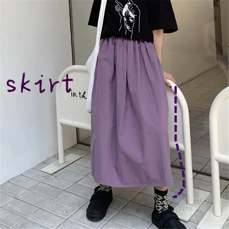 Sommer Herbst Gelbe Röcke Damen Midi Koreanische Elegante Hohe Taille Lange Weibliche Lila Harajuku Plissee Schule 210421