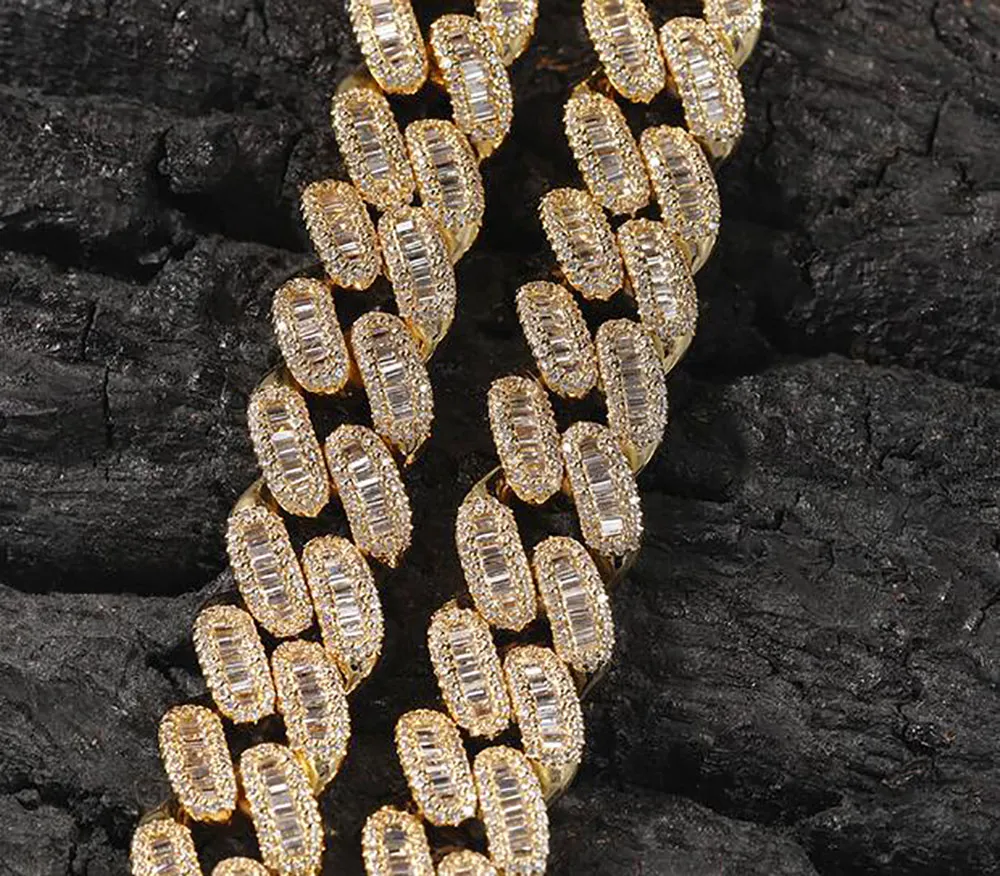 15mm Prong Baguette Cuban Chain 14K White Gold Plated Real Iced Diamonds Halsband Kubiska zirkoniumsmycken 14-20-tums längd325J