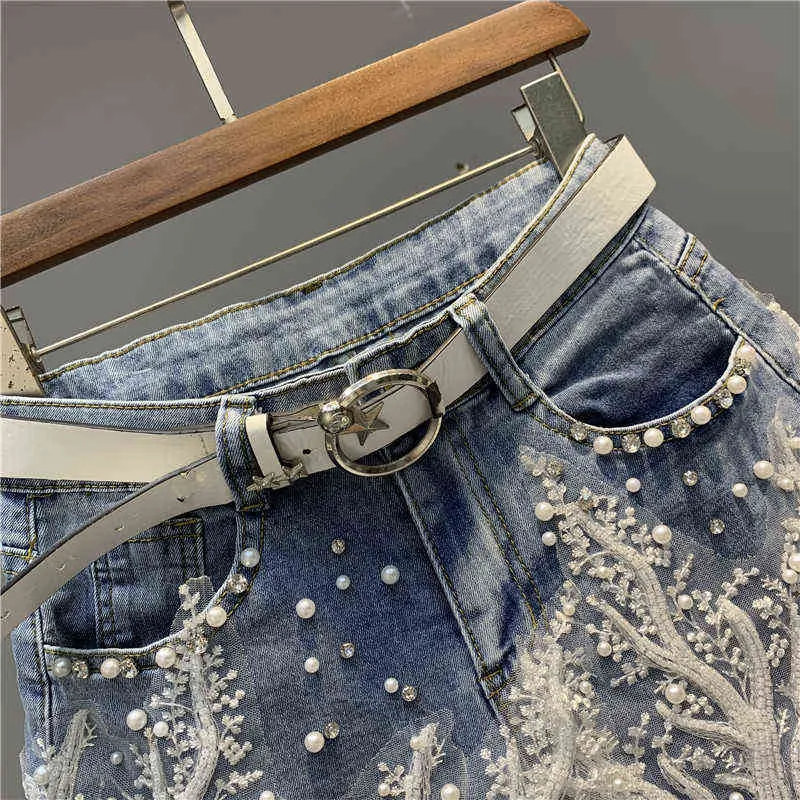 Summer Beads s Lace Flower Ladies Denim Shorts Women European High Waist Washed Pants Fashion Stretchy Jeans 211129