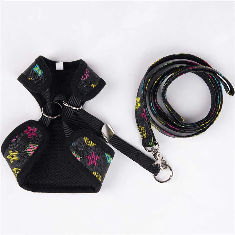Schwarzes Hunde-Ledergeschirr mit Aufdruck und Leine-Set für kleine, mittlere und 135 cm große Brustweste 211022
